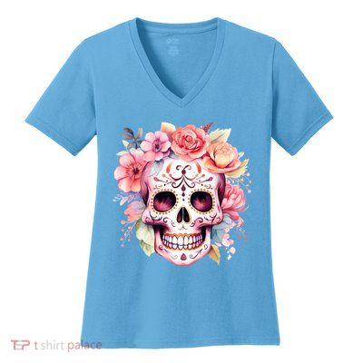Watercolor Dia De Los Muertos Day Of The Dead Sugar Skull Women's V-Neck T-Shirt