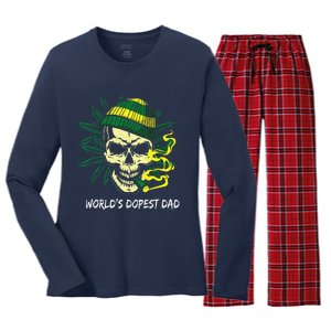 Worlds Dopest Dad Skull Weed 420 Cannabis Fun Fathers Day Women's Long Sleeve Flannel Pajama Set 