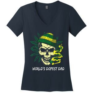 Worlds Dopest Dad Skull Weed 420 Cannabis Fun Fathers Day Women's V-Neck T-Shirt