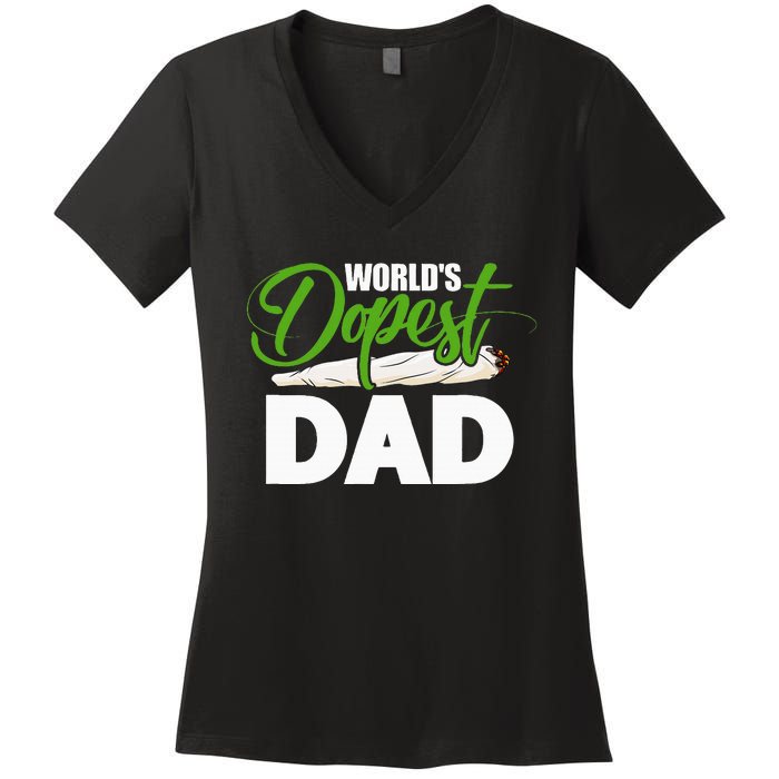 World's Dopest Dad Cannabis Marijuana Weed Funny Fathers Day Women's V-Neck T-Shirt