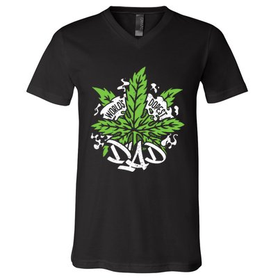 Worlds Dopest Dad Cannabis Leaf Weed Father Gift V-Neck T-Shirt