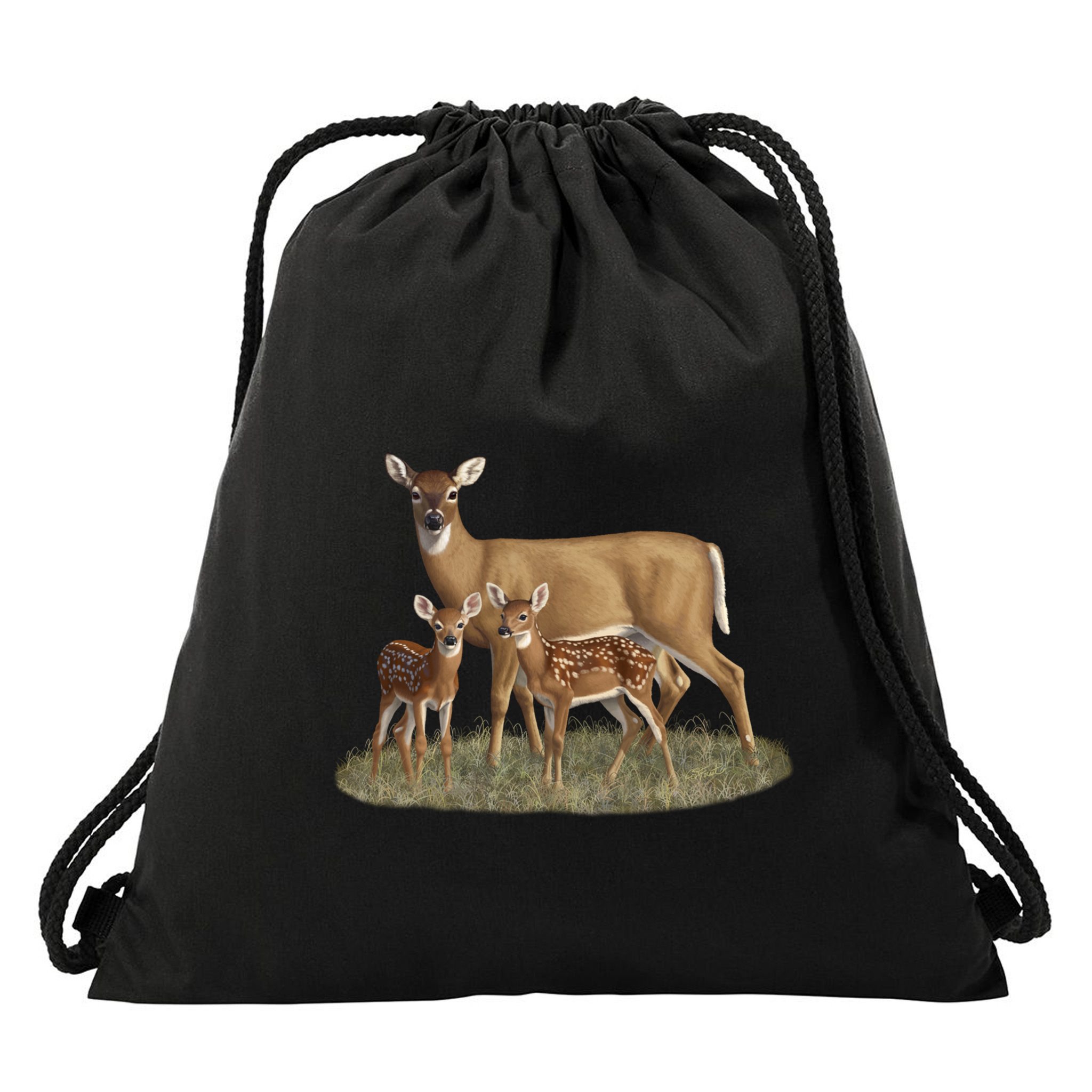 Whitetail Deer Doe And Cute Twin Fawns Wildlife Art Meaningful Gift Drawstring Bag