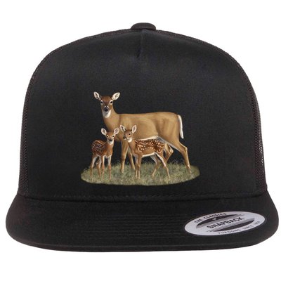 Whitetail Deer Doe And Cute Twin Fawns Wildlife Art Meaningful Gift Flat Bill Trucker Hat