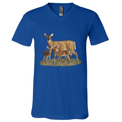 Whitetail Deer Doe And Cute Twin Fawns Wildlife Art Meaningful Gift V-Neck T-Shirt