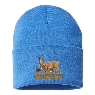 Whitetail Deer Doe And Cute Twin Fawns Wildlife Art Meaningful Gift Sustainable Knit Beanie