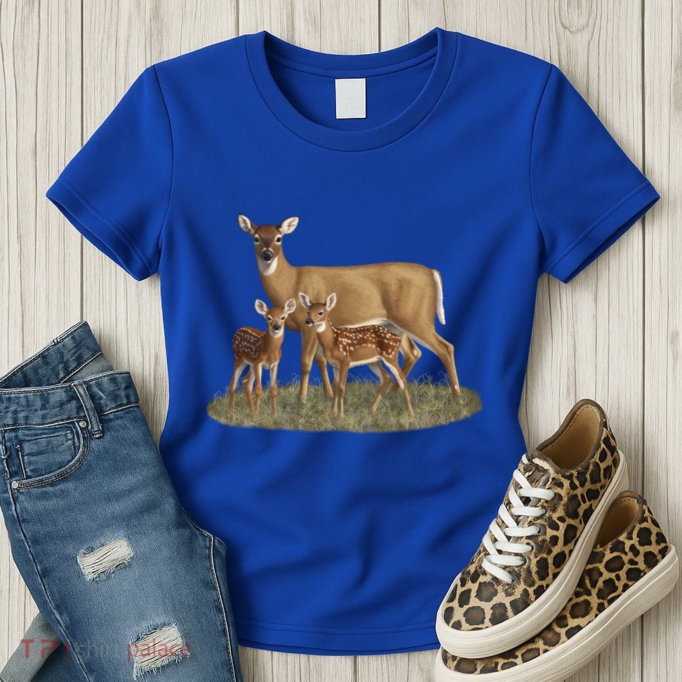 Whitetail Deer Doe And Cute Twin Fawns Wildlife Art Meaningful Gift Womens T-Shirt