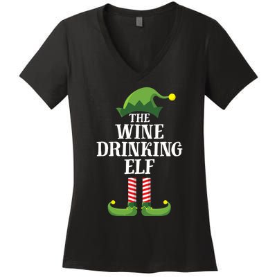 Wine Drinking Elf Matching Family Group Christmas Women's V-Neck T-Shirt