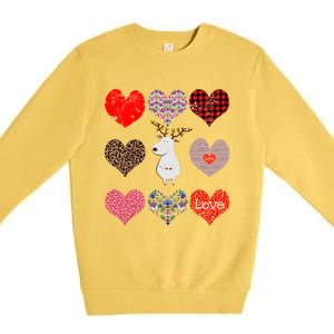 White Deer Funny Retro Floral Hearts Pattern Valentines Day Meaningful Gift Premium Crewneck Sweatshirt