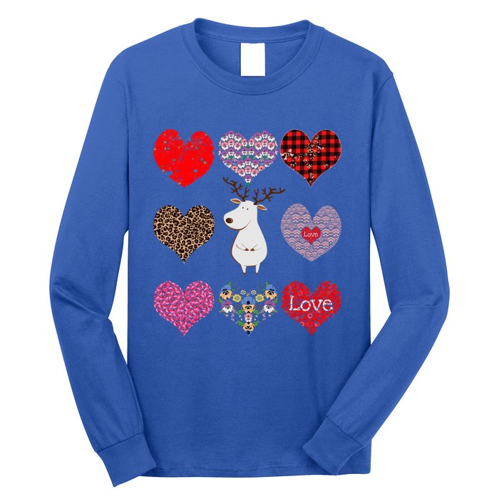 White Deer Funny Retro Floral Hearts Pattern Valentines Day Meaningful Gift Long Sleeve Shirt