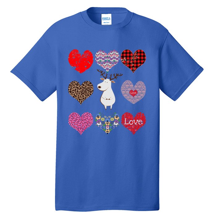 White Deer Funny Retro Floral Hearts Pattern Valentines Day Meaningful Gift Tall T-Shirt