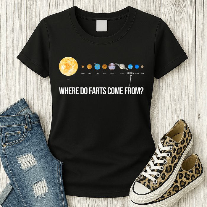 Where Do Farts Come From Uranus Funny Universe Womens T-Shirt