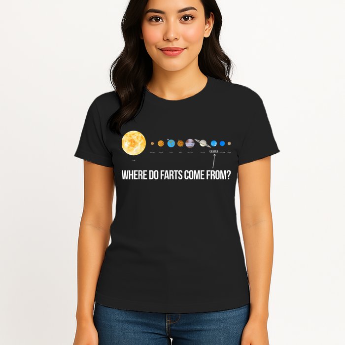 Where Do Farts Come From Uranus Funny Universe Womens T-Shirt