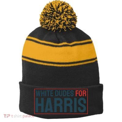White Dudes For Harris 2024 Stripe Pom Pom Beanie