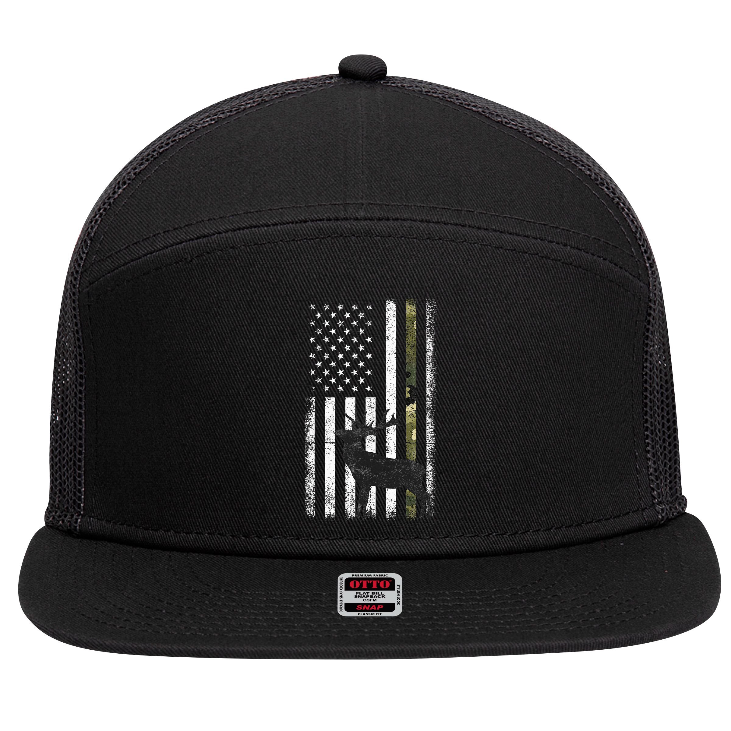 Whitetail Deer Hunting Hunter Elk Buck Camo American Flag  7 Panel Mesh Trucker Snapback Hat