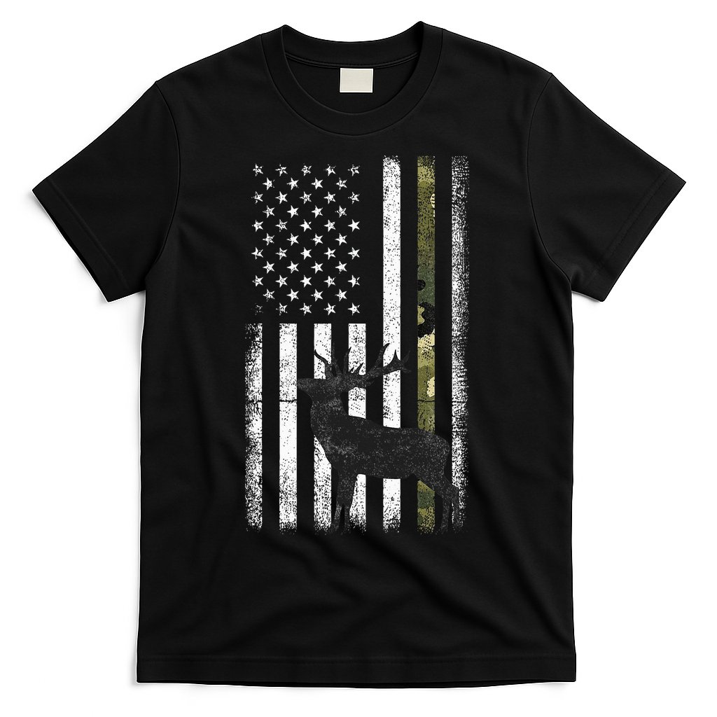 Whitetail Deer Hunting Hunter Elk Buck Camo American Flag  T-Shirt