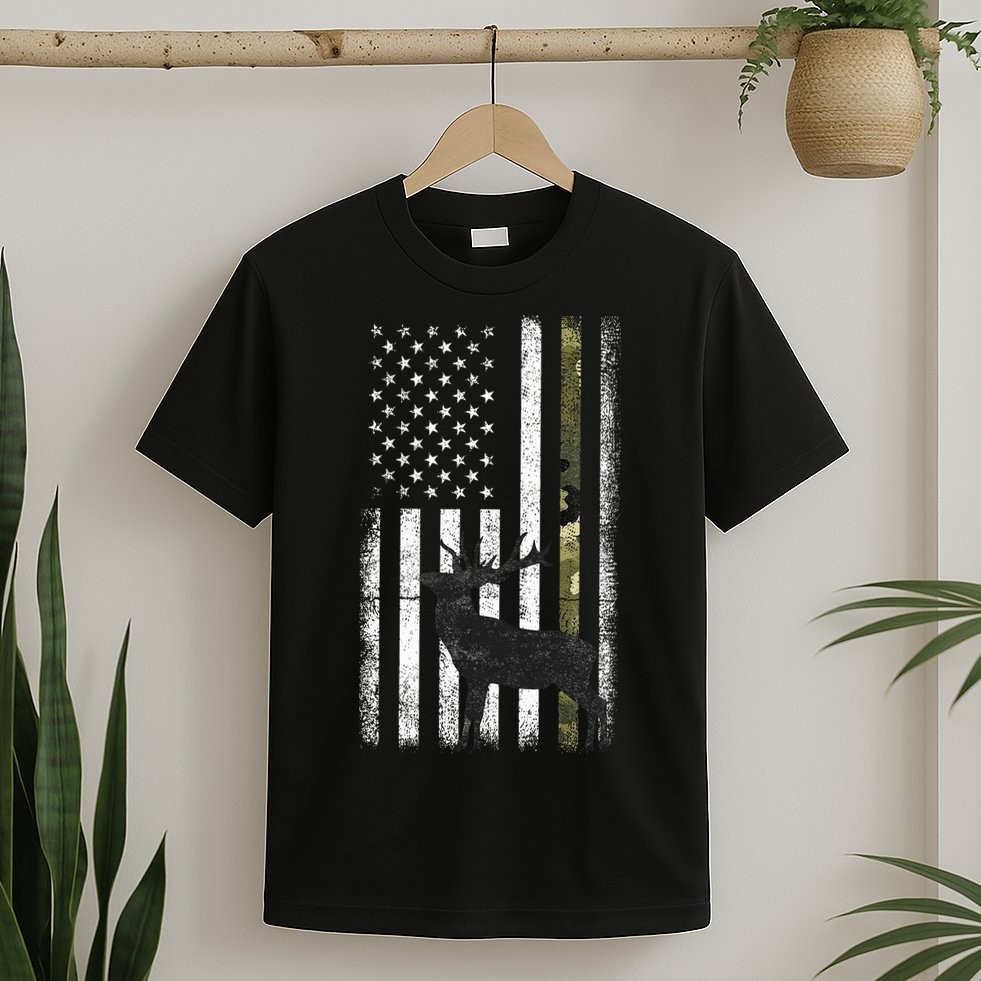 Whitetail Deer Hunting Hunter Elk Buck Camo American Flag  T-Shirt