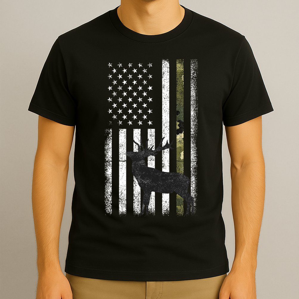 Whitetail Deer Hunting Hunter Elk Buck Camo American Flag  T-Shirt