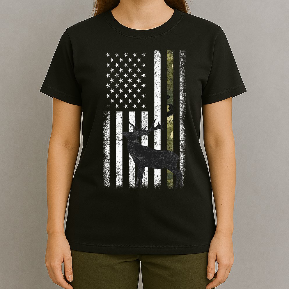 Whitetail Deer Hunting Hunter Elk Buck Camo American Flag  T-Shirt