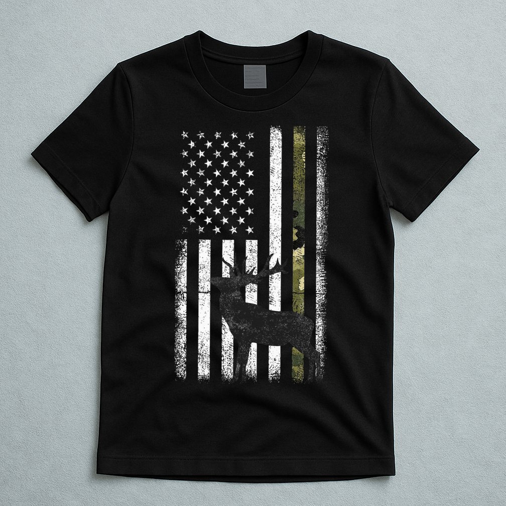 Whitetail Deer Hunting Hunter Elk Buck Camo American Flag  T-Shirt