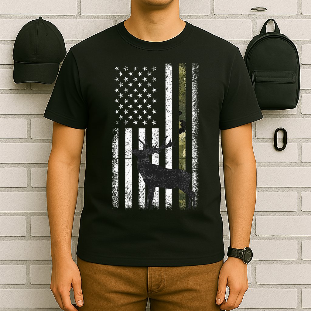 Whitetail Deer Hunting Hunter Elk Buck Camo American Flag  T-Shirt