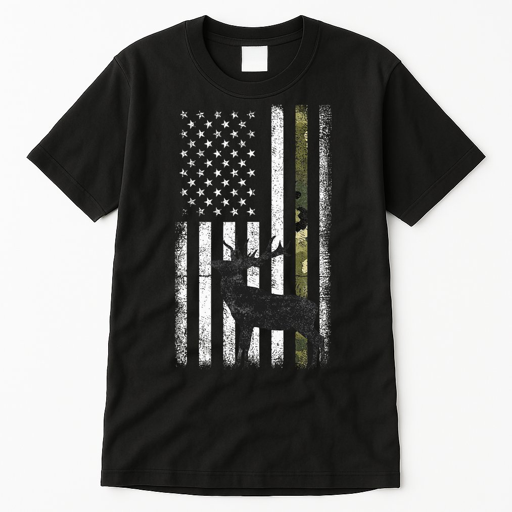 Whitetail Deer Hunting Hunter Elk Buck Camo American Flag  Tall T-Shirt