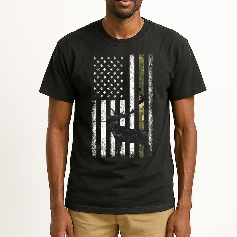 Whitetail Deer Hunting Hunter Elk Buck Camo American Flag  Tall T-Shirt