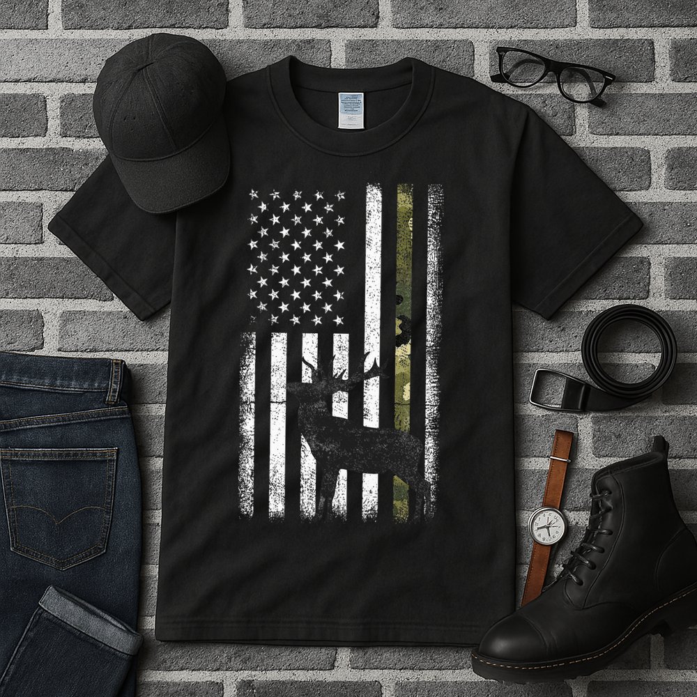 Whitetail Deer Hunting Hunter Elk Buck Camo American Flag  Tall T-Shirt