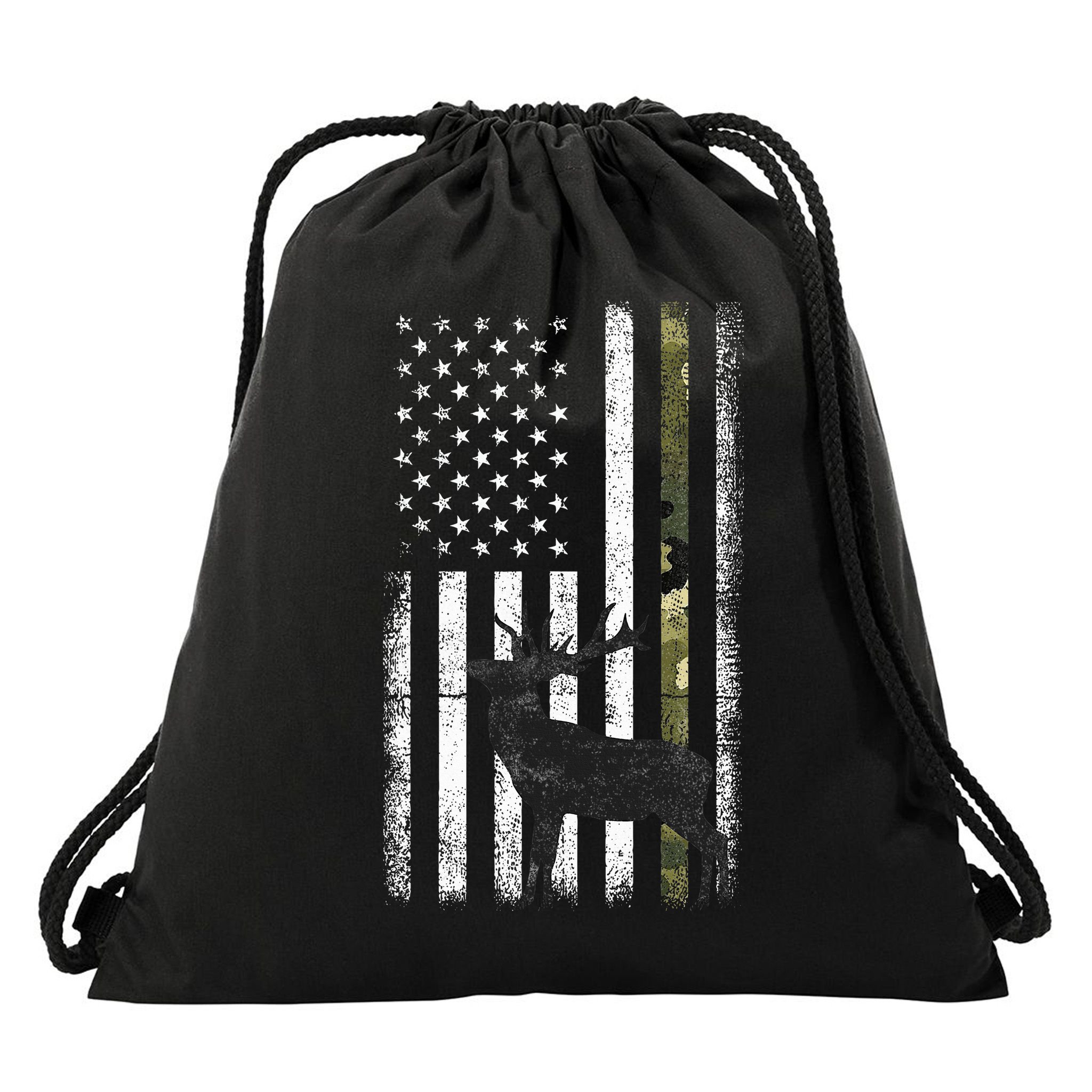 Whitetail Deer Hunting Hunter Elk Buck Camo American Flag  Drawstring Bag