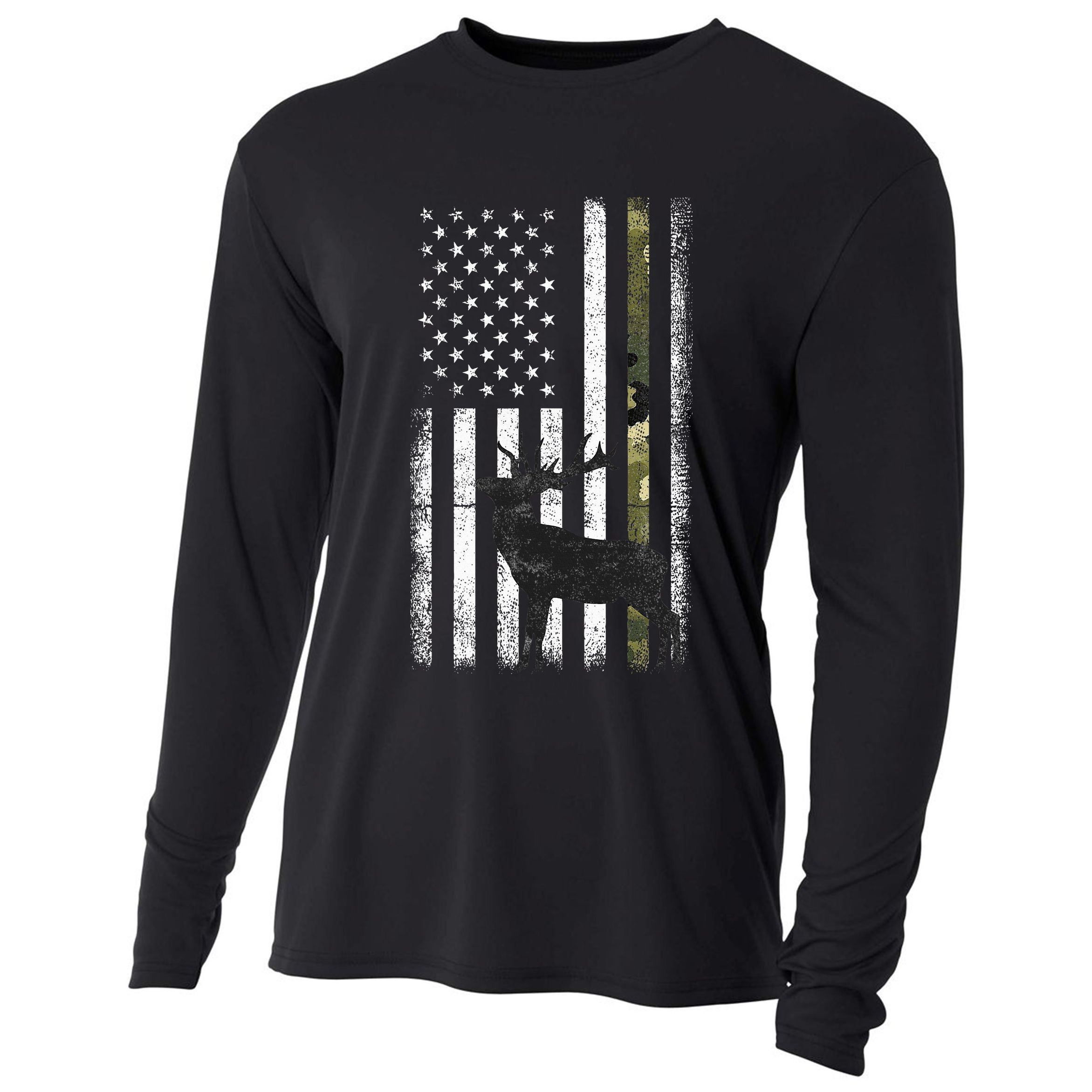 Whitetail Deer Hunting Hunter Elk Buck Camo American Flag  Cooling Performance Long Sleeve Crew