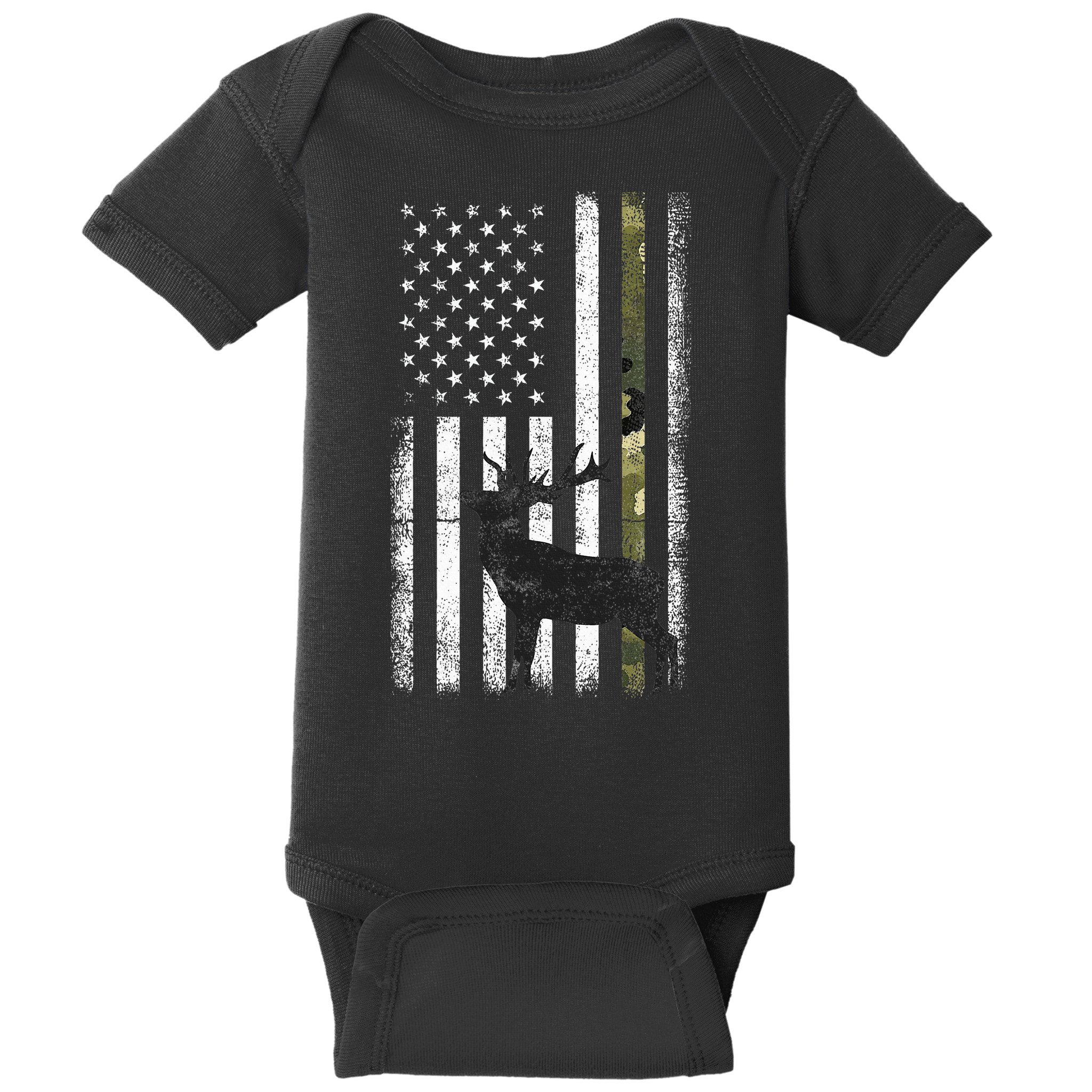 Whitetail Deer Hunting Hunter Elk Buck Camo American Flag  Baby Bodysuit