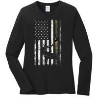 Whitetail Deer Hunting Hunter Elk Buck Camo American Flag  Ladies Long Sleeve Shirt