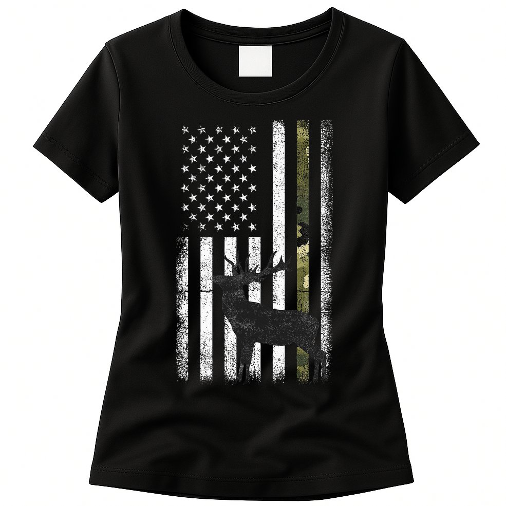 Whitetail Deer Hunting Hunter Elk Buck Camo American Flag  Womens T-Shirt