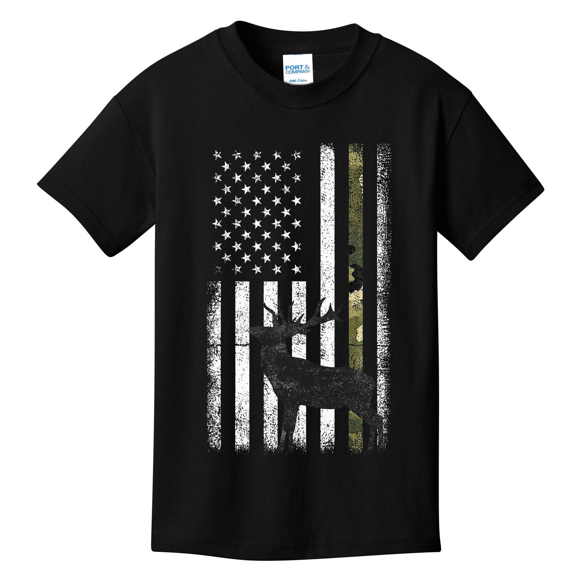 Whitetail Deer Hunting Hunter Elk Buck Camo American Flag  Kids T-Shirt