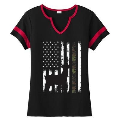 Whitetail Deer Hunting Hunter Gifts Buck Camo American Flag  Ladies Halftime Notch Neck Tee