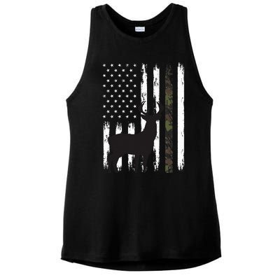 Whitetail Deer Hunting Hunter Gifts Buck Camo American Flag  Ladies PosiCharge Tri-Blend Wicking Tank