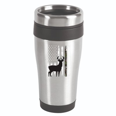 Whitetail Deer Hunting Hunter Gifts Buck Camo American Flag  16oz Travel Tumbler