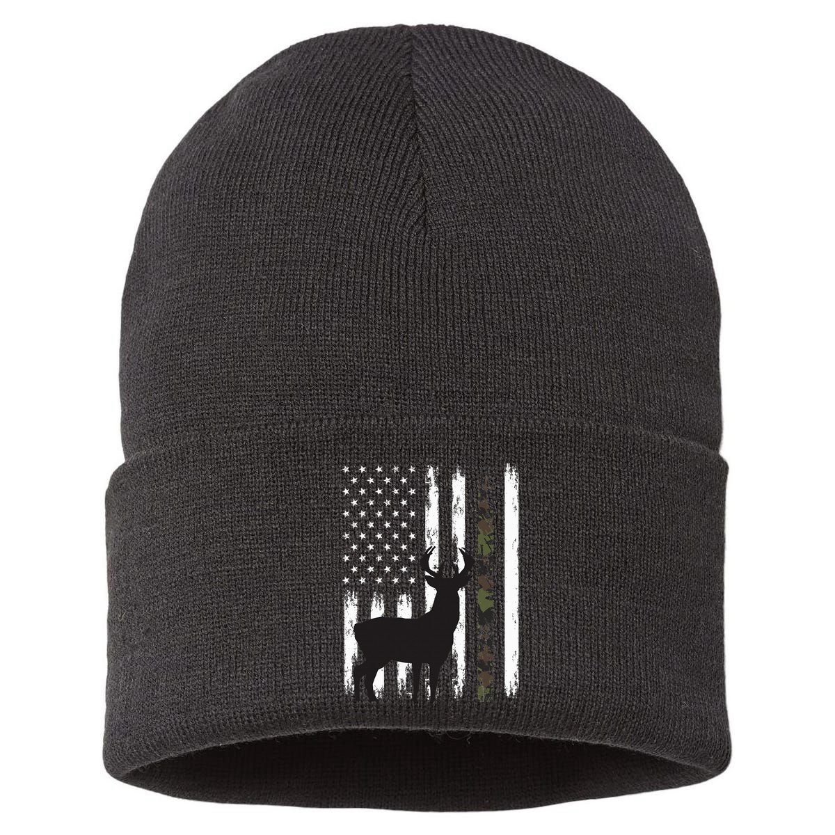 Whitetail Deer Hunting Hunter Gifts Buck Camo American Flag  Sustainable Knit Beanie