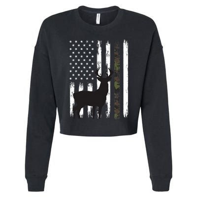 Whitetail Deer Hunting Hunter Gifts Buck Camo American Flag  Cropped Pullover Crew