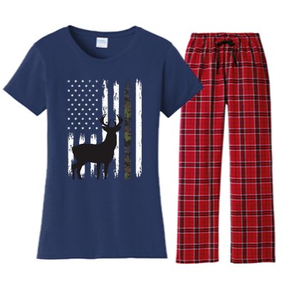 Whitetail Deer Hunting Hunter Gifts Buck Camo American Flag  Women's Flannel Pajama Set