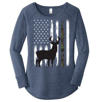 Whitetail Deer Hunting Hunter Gifts Buck Camo American Flag  Women's Perfect Tri Tunic Long Sleeve Shirt