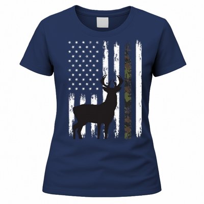 Whitetail Deer Hunting Hunter Gifts Buck Camo American Flag  Women's T-Shirt