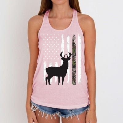 Whitetail Deer Hunting Hunter Gifts Buck Camo American Flag  Women's Knotted Racerback Tank