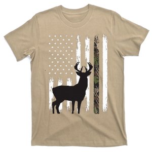 Whitetail Deer Hunting Hunter Gifts Buck Camo American Flag  T-Shirt