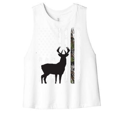 Whitetail Deer Hunting Hunter Gifts Buck Camo American Flag  Women's Racerback Cropped Tank