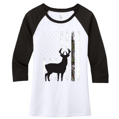 Whitetail Deer Hunting Hunter Gifts Buck Camo American Flag  Women's Tri-Blend 3/4-Sleeve Raglan Shirt