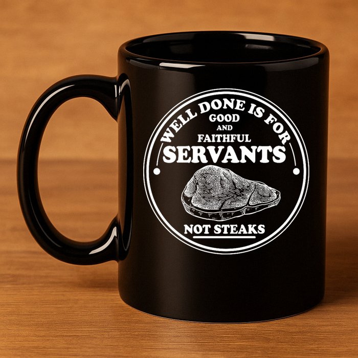 Well Done Is For Good And Faithful Servants Not Steaks 11oz C Handle Ceramic Mug