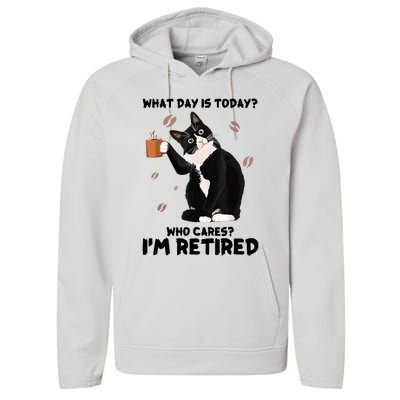 What Day Is Today Who Cares I'm Retired Cat Coffee Lovers Performance Fleece Hoodie