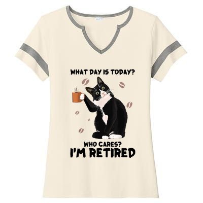 What Day Is Today Who Cares I'm Retired Cat Coffee Lovers Ladies Halftime Notch Neck Tee