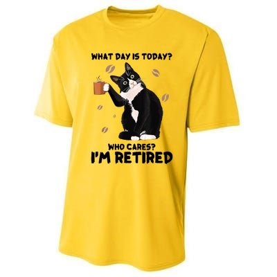 What Day Is Today Who Cares I'm Retired Cat Coffee Lovers Performance Sprint T-Shirt