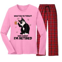 What Day Is Today Who Cares I'm Retired Cat Coffee Lovers Women's Long Sleeve Flannel Pajama Set 